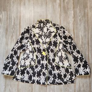 IC By CONNIE K Black White Floral Jacket Blazer Green Detail Art To Wear Large